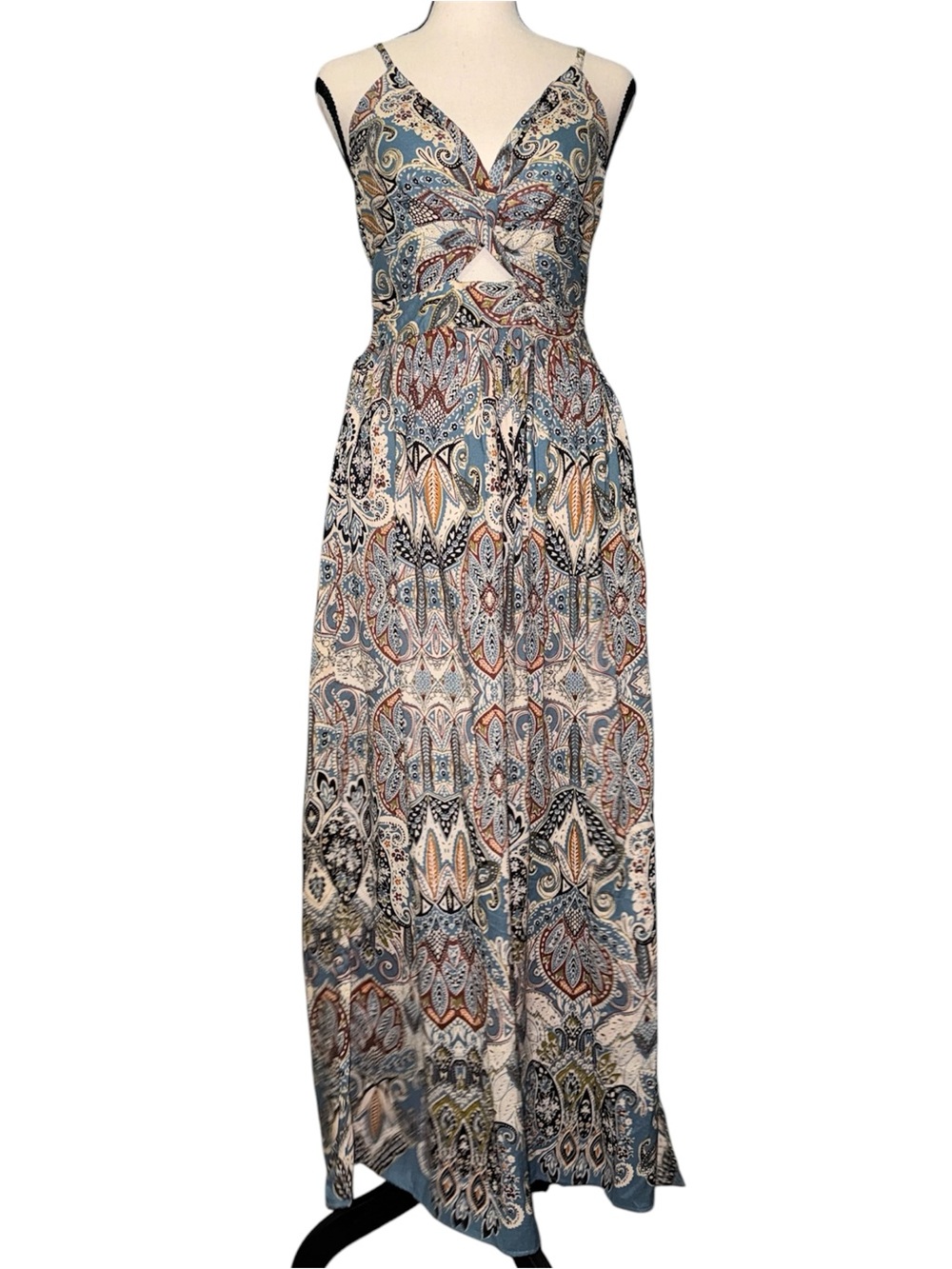 Angie Keyhole Cutout Paisley Boho Maxi Dress Blue Side Slits Medium NWT